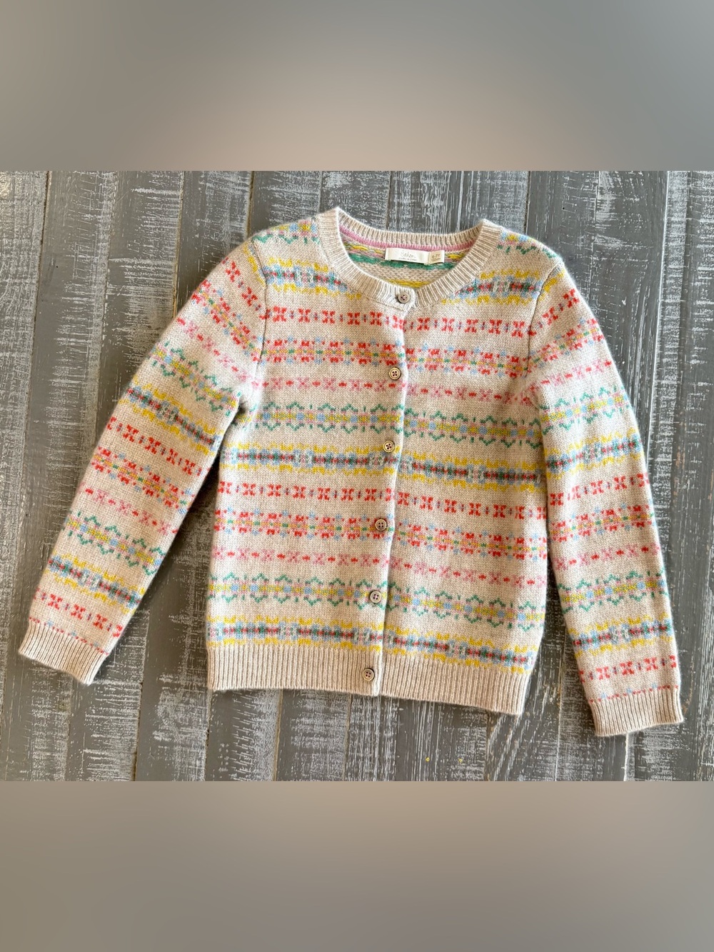 Mini Boden 100% Cashmere Cream Cardigan with Pink, Yellow and Blue Fair Isle